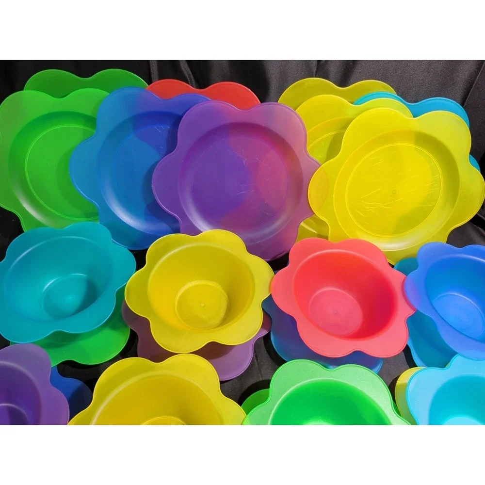 Vibrant VTG Y2K Lot Of 28 Colorful Bowls And Plate Flower Shaped Serving Sets